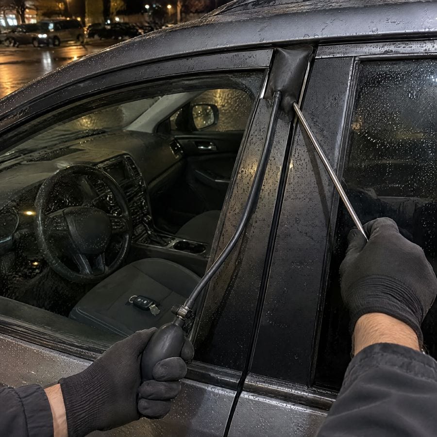 A technician opening a car door with a wedge and reach tool