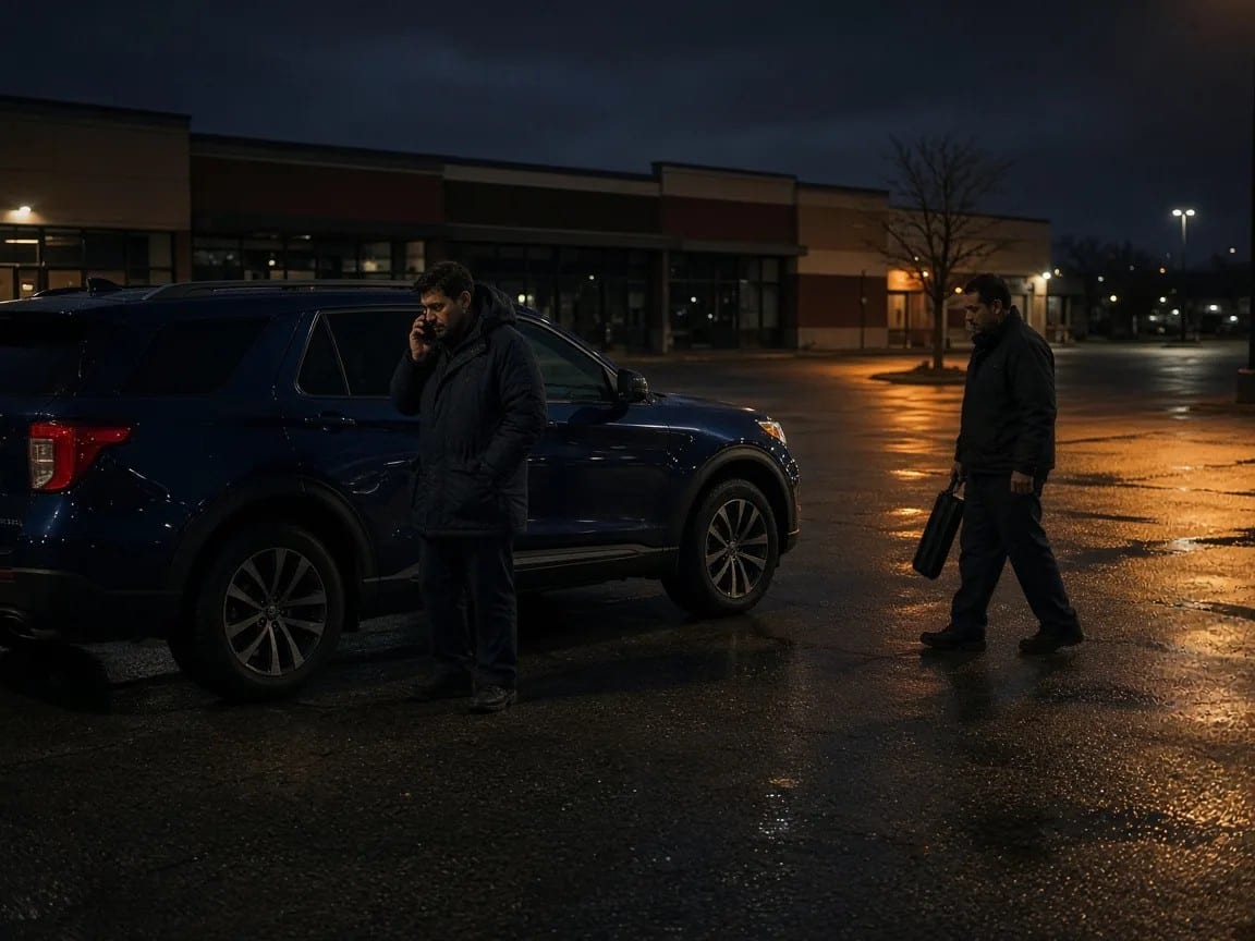 A driver on the phone beside a locked SUV in a plaza lot at night