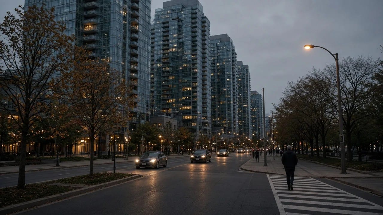 Condo towers along a wide street at dusk