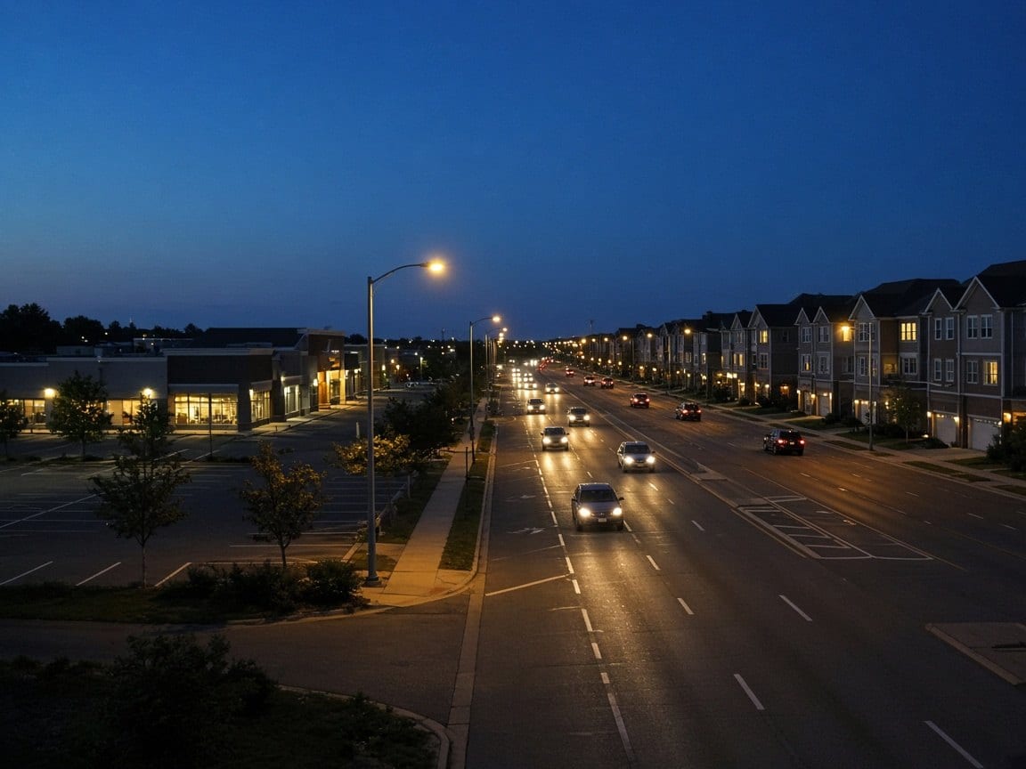 A wide road with street lights and townhouses at dusk