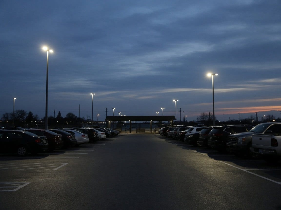 A parking lot under street lights at dusk