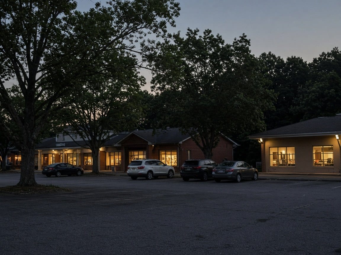 Low buildings and a parking lot under trees at dusk