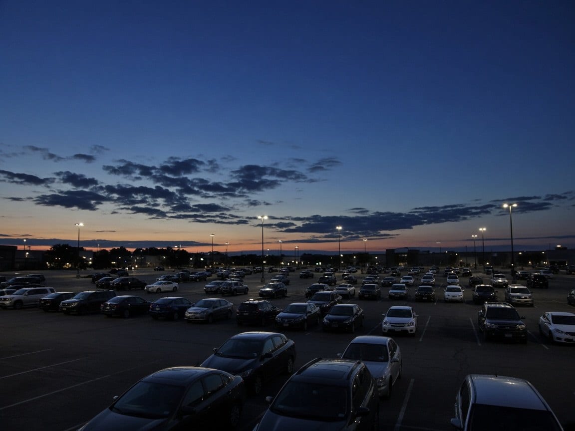 A large parking lot full of cars at dusk