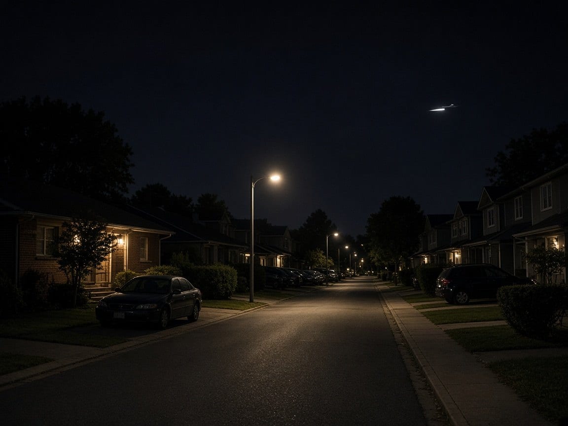 A residential street under street lights at night