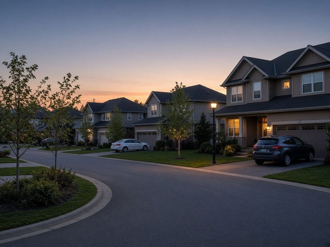 A curving street of houses at dusk