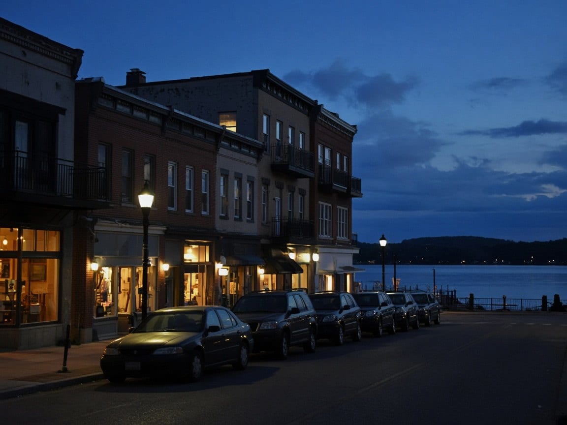 Shops lit up along a waterfront street at dusk