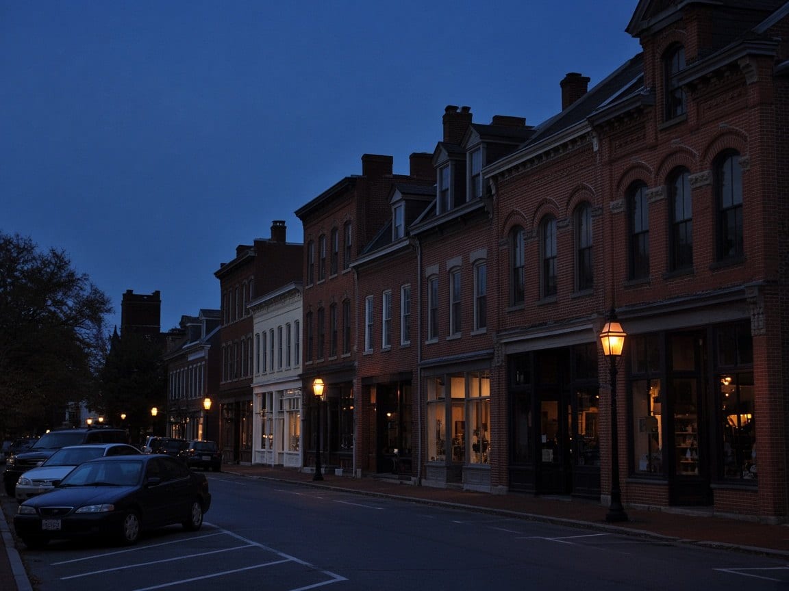 Old brick storefronts lit up at dusk