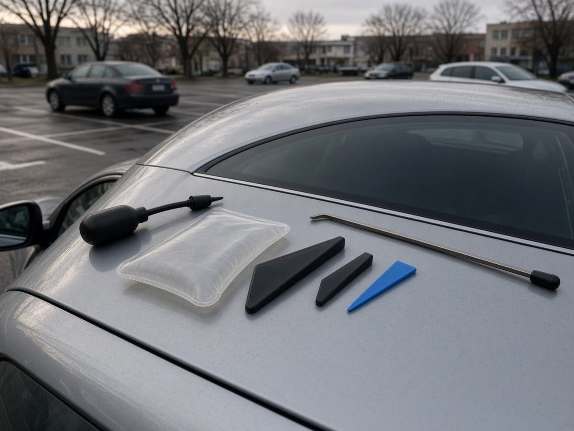 Lockout tools laid out on the hood of a white car