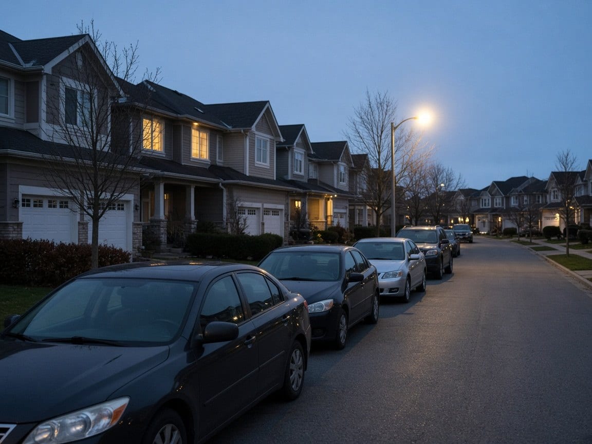Cars parked along a street of houses at dusk