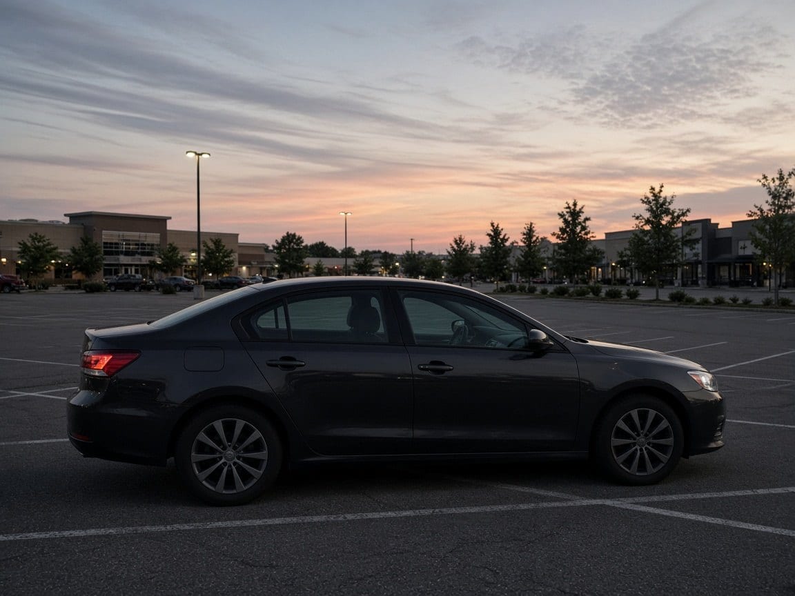 A dark sedan parked in a plaza lot at dusk