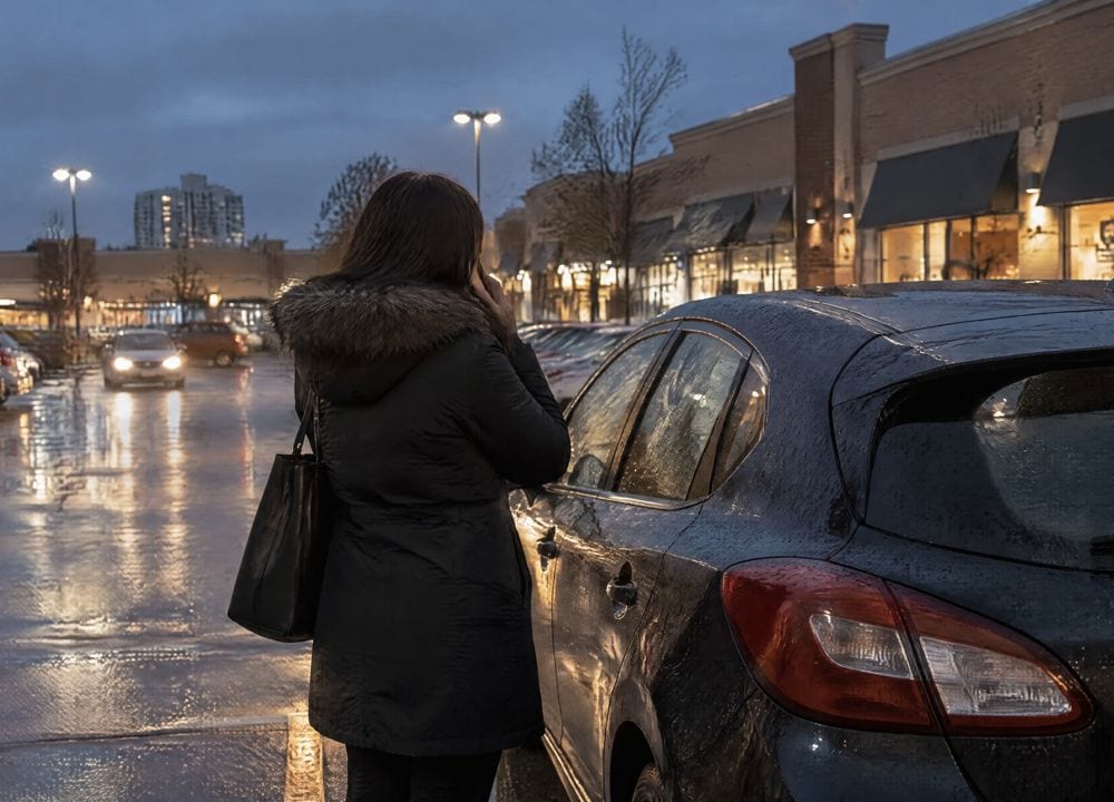 Driver on the phone next to her locked car in a plaza lot at dusk